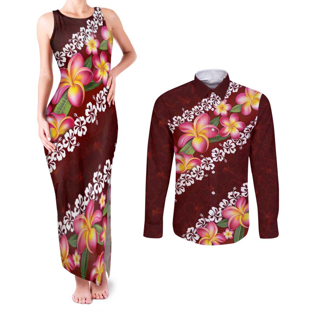 Oxblood Polynesia Couples Matching Tank Maxi Dress and Long Sleeve Button Shirt Plumeria With Hibiscus Pattern Tropical Vibes