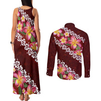 Oxblood Polynesia Couples Matching Tank Maxi Dress and Long Sleeve Button Shirt Plumeria With Hibiscus Pattern Tropical Vibes