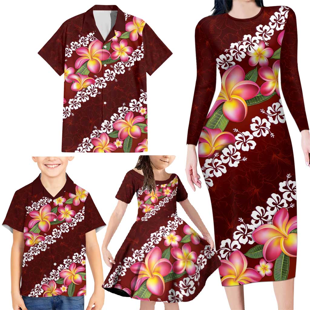 Oxblood Polynesia Family Matching Long Sleeve Bodycon Dress and Hawaiian Shirt Plumeria With Hibiscus Pattern Tropical Vibes LT14 - Polynesian Pride