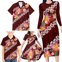 Oxblood Polynesia Family Matching Long Sleeve Bodycon Dress and Hawaiian Shirt Plumeria With Hibiscus Pattern Tropical Vibes LT14 - Polynesian Pride