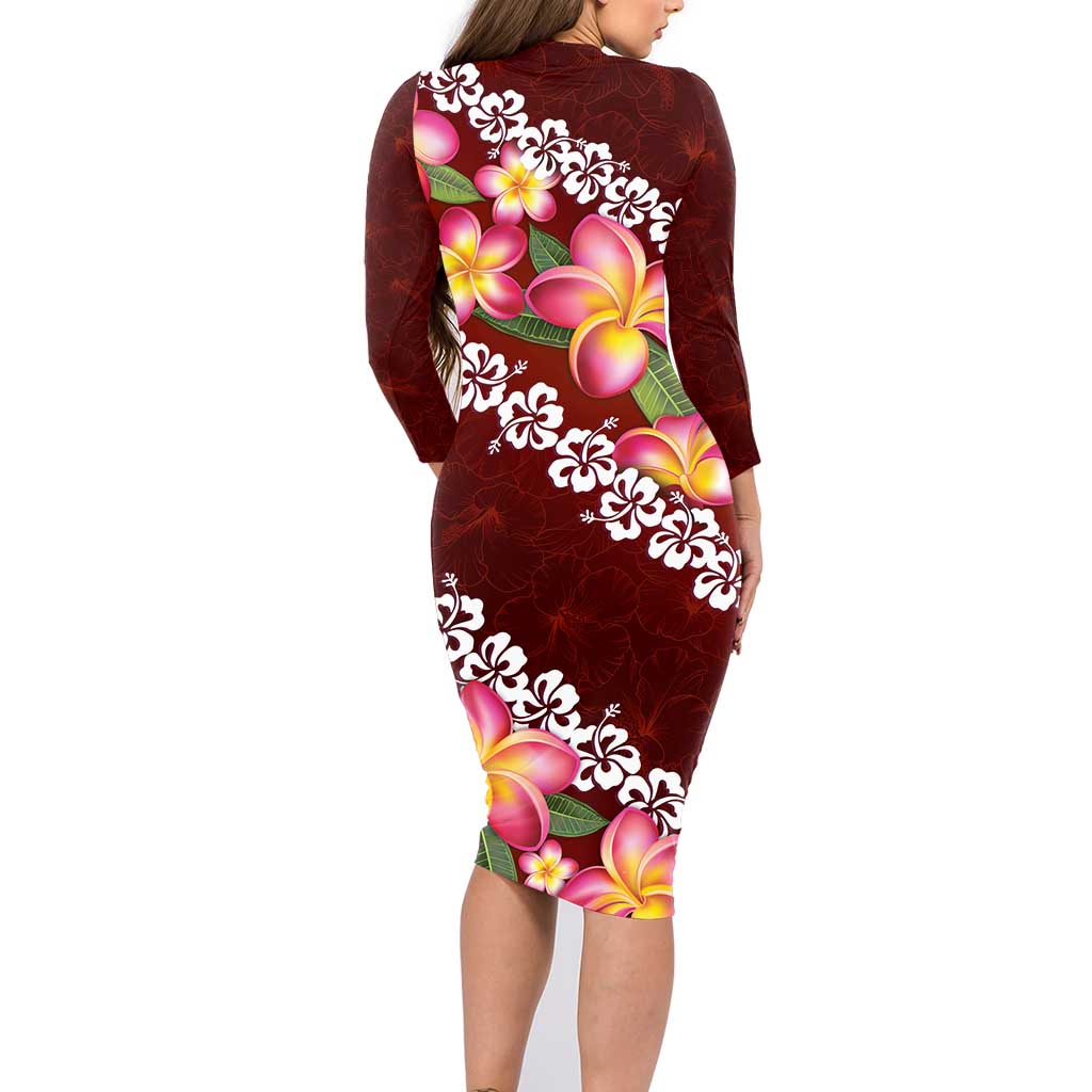 Oxblood Polynesia Family Matching Long Sleeve Bodycon Dress and Hawaiian Shirt Plumeria With Hibiscus Pattern Tropical Vibes LT14 - Polynesian Pride