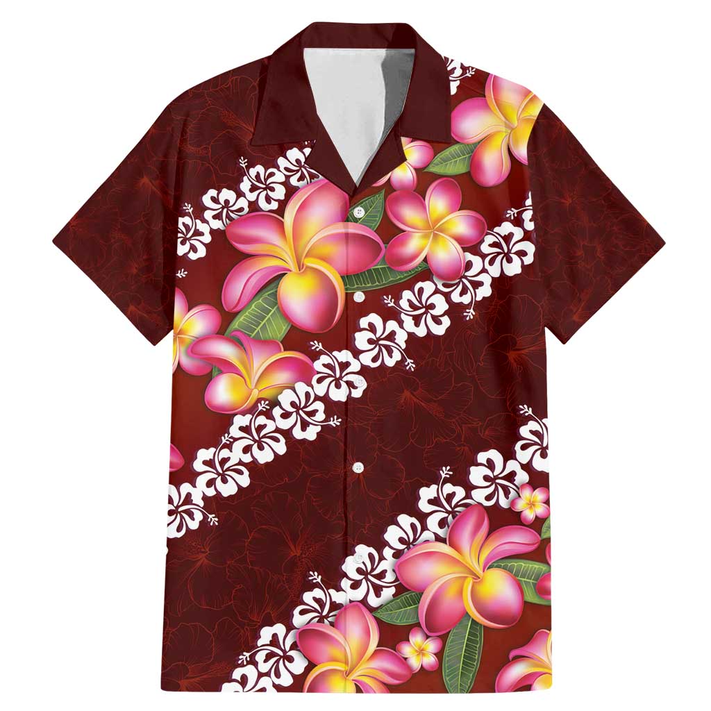 Oxblood Polynesia Family Matching Mermaid Dress and Hawaiian Shirt Plumeria With Hibiscus Pattern Tropical Vibes LT14 Dad's Shirt - Short Sleeve Oxblood - Polynesian Pride