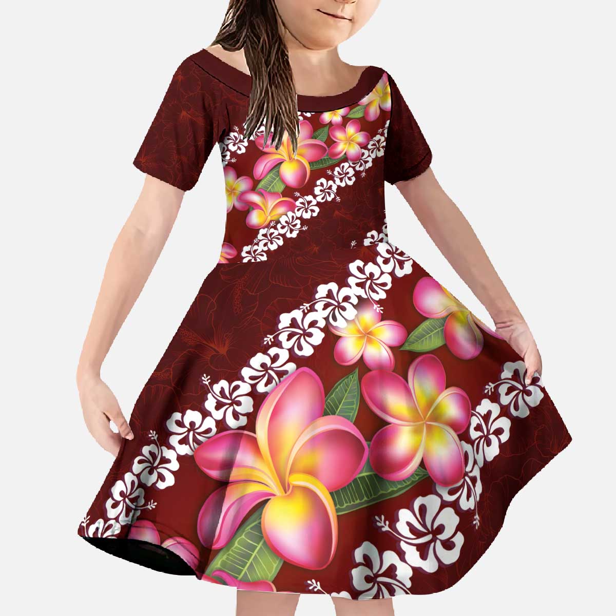 Oxblood Polynesia Family Matching Off The Shoulder Long Sleeve Dress and Hawaiian Shirt Plumeria With Hibiscus Pattern Tropical Vibes LT14 Daughter's Dress Oxblood - Polynesian Pride
