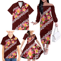 Oxblood Polynesia Family Matching Off The Shoulder Long Sleeve Dress and Hawaiian Shirt Plumeria With Hibiscus Pattern Tropical Vibes LT14 - Polynesian Pride