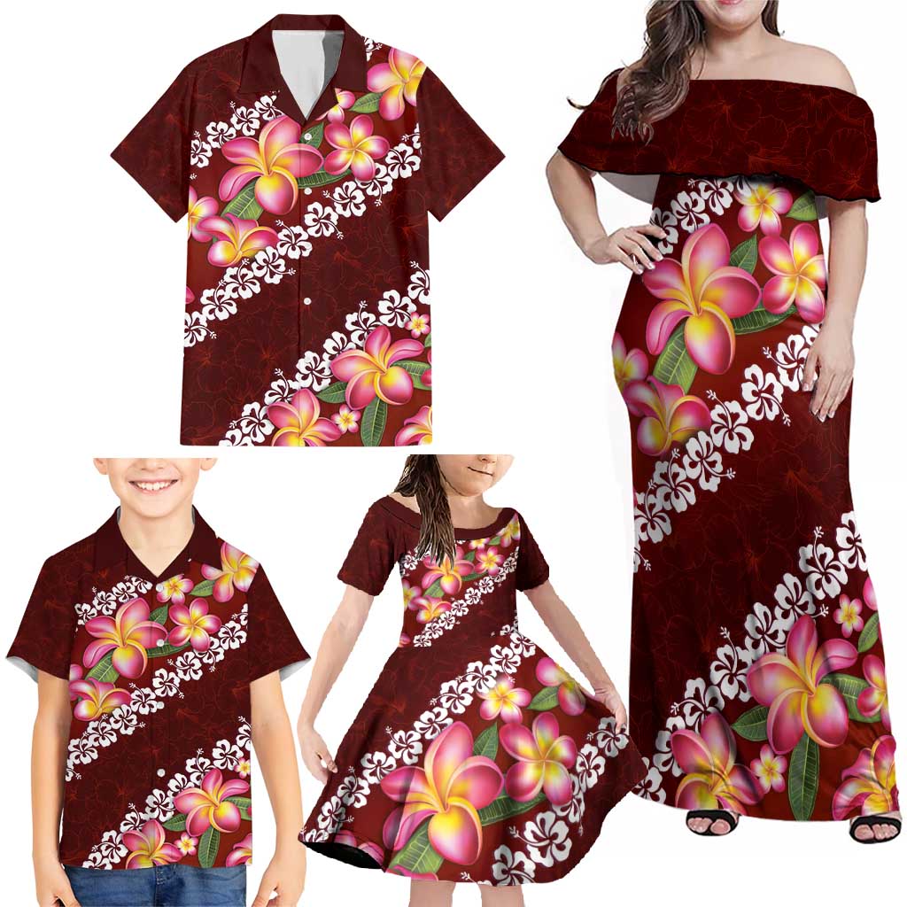 Oxblood Polynesia Family Matching Off Shoulder Maxi Dress and Hawaiian Shirt Plumeria With Hibiscus Pattern Tropical Vibes LT14 - Polynesian Pride