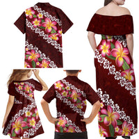 Oxblood Polynesia Family Matching Off Shoulder Maxi Dress and Hawaiian Shirt Plumeria With Hibiscus Pattern Tropical Vibes LT14 - Polynesian Pride