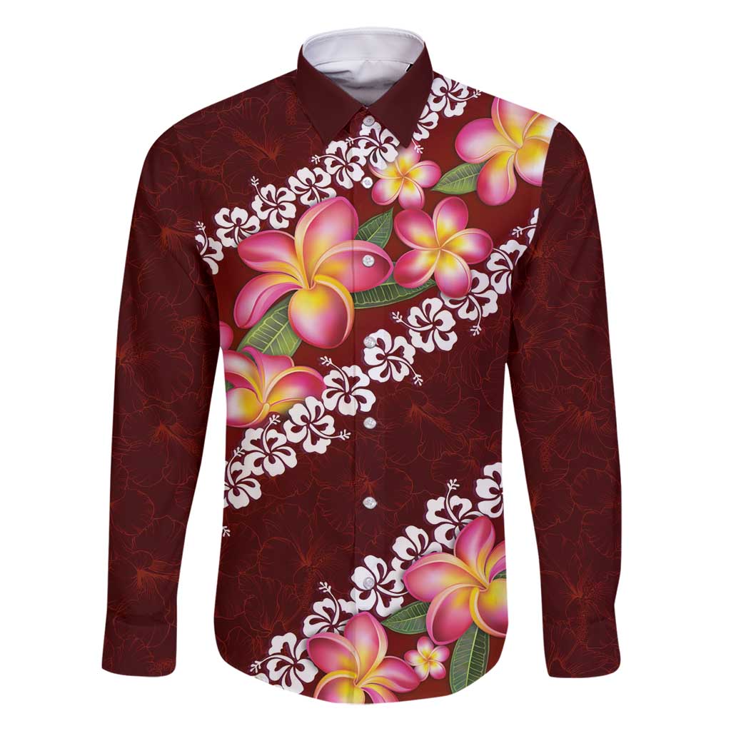 Oxblood Polynesia Family Matching Off Shoulder Maxi Dress and Hawaiian Shirt Plumeria With Hibiscus Pattern Tropical Vibes LT14 Dad's Shirt - Long Sleeve Oxblood - Polynesian Pride