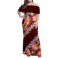 Oxblood Polynesia Family Matching Off Shoulder Maxi Dress and Hawaiian Shirt Plumeria With Hibiscus Pattern Tropical Vibes LT14 Mom's Dress Oxblood - Polynesian Pride