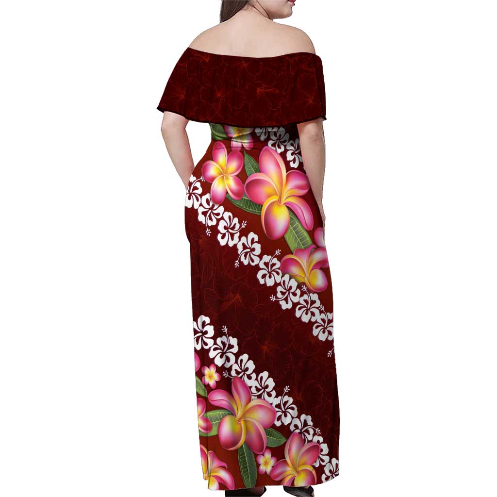 Oxblood Polynesia Family Matching Off Shoulder Maxi Dress and Hawaiian Shirt Plumeria With Hibiscus Pattern Tropical Vibes LT14 - Polynesian Pride