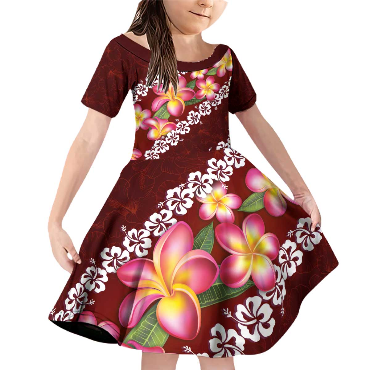 Oxblood Polynesia Family Matching Off Shoulder Short Dress and Hawaiian Shirt Plumeria With Hibiscus Pattern Tropical Vibes LT14 Daughter's Dress Oxblood - Polynesian Pride