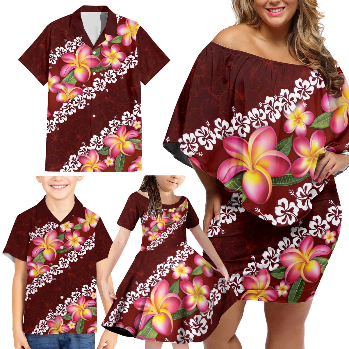 Oxblood Polynesia Family Matching Off Shoulder Short Dress and Hawaiian Shirt Plumeria With Hibiscus Pattern Tropical Vibes LT14 - Polynesian Pride