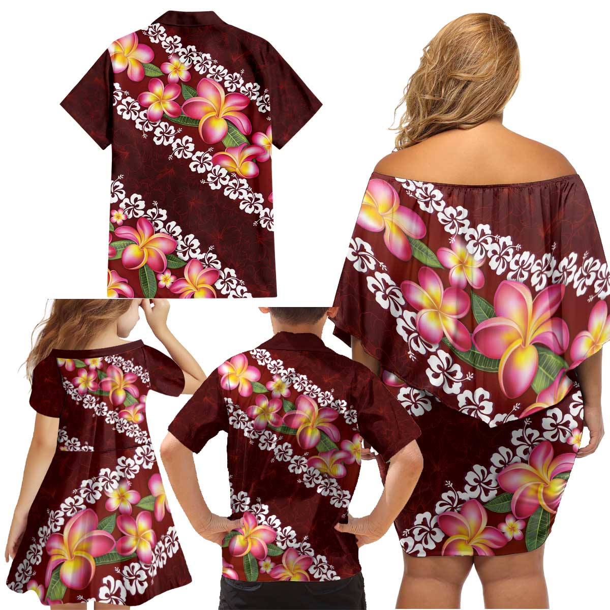 Oxblood Polynesia Family Matching Off Shoulder Short Dress and Hawaiian Shirt Plumeria With Hibiscus Pattern Tropical Vibes LT14 - Polynesian Pride