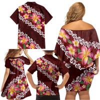 Oxblood Polynesia Family Matching Off Shoulder Short Dress and Hawaiian Shirt Plumeria With Hibiscus Pattern Tropical Vibes LT14 - Polynesian Pride