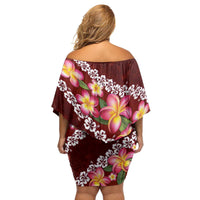 Oxblood Polynesia Family Matching Off Shoulder Short Dress and Hawaiian Shirt Plumeria With Hibiscus Pattern Tropical Vibes LT14 - Polynesian Pride