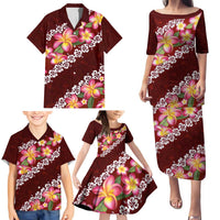 Oxblood Polynesia Family Matching Puletasi and Hawaiian Shirt Plumeria With Hibiscus Pattern Tropical Vibes LT14 - Polynesian Pride