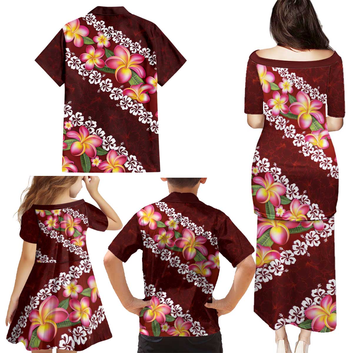 Oxblood Polynesia Family Matching Puletasi and Hawaiian Shirt Plumeria With Hibiscus Pattern Tropical Vibes LT14 - Polynesian Pride