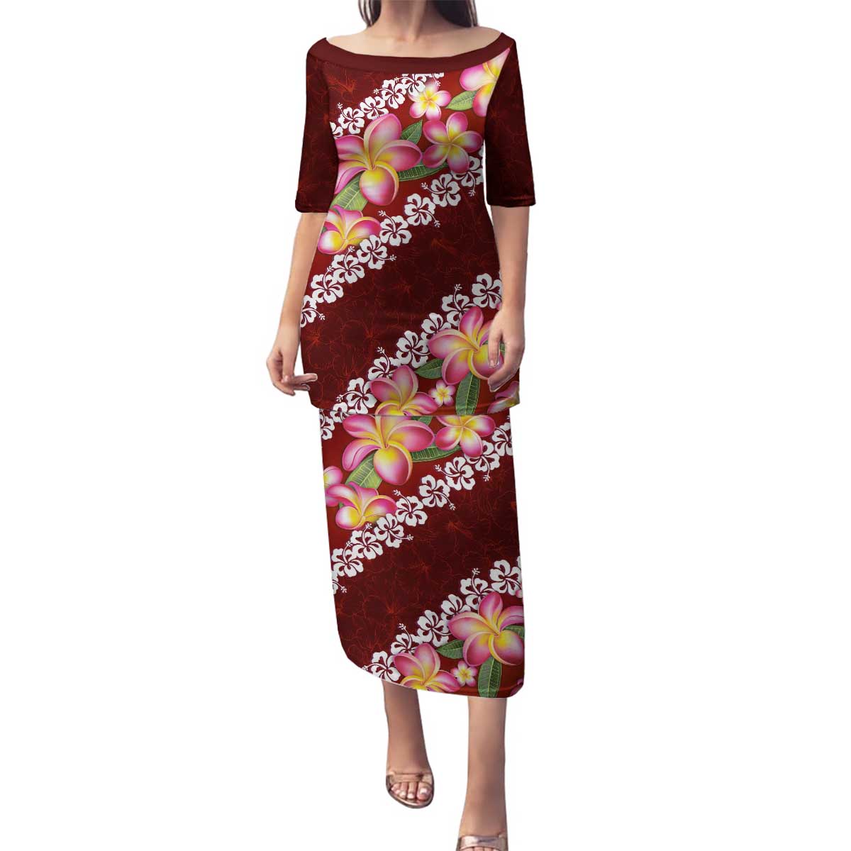 Oxblood Polynesia Family Matching Puletasi and Hawaiian Shirt Plumeria With Hibiscus Pattern Tropical Vibes LT14 Mom's Dress Oxblood - Polynesian Pride