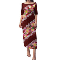 Oxblood Polynesia Family Matching Puletasi and Hawaiian Shirt Plumeria With Hibiscus Pattern Tropical Vibes LT14 Mom's Dress Oxblood - Polynesian Pride