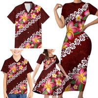 Oxblood Polynesia Family Matching Short Sleeve Bodycon Dress and Hawaiian Shirt Plumeria With Hibiscus Pattern Tropical Vibes LT14 - Polynesian Pride