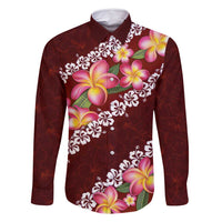 Oxblood Polynesia Family Matching Summer Maxi Dress and Hawaiian Shirt Plumeria With Hibiscus Pattern Tropical Vibes LT14 Dad's Shirt - Long Sleeve Oxblood - Polynesian Pride