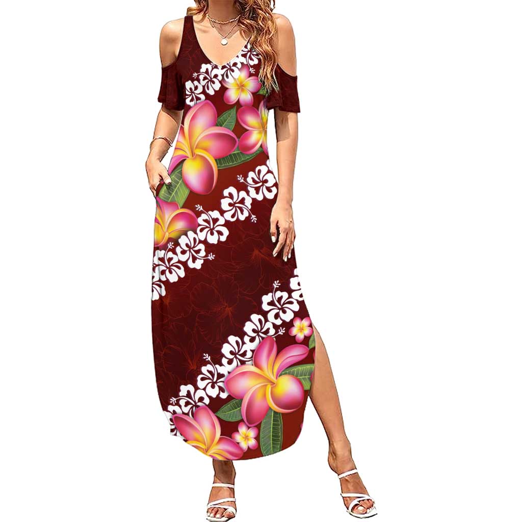 Oxblood Polynesia Family Matching Summer Maxi Dress and Hawaiian Shirt Plumeria With Hibiscus Pattern Tropical Vibes LT14 Mom's Dress Oxblood - Polynesian Pride