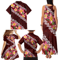 Oxblood Polynesia Family Matching Tank Maxi Dress and Hawaiian Shirt Plumeria With Hibiscus Pattern Tropical Vibes LT14 - Polynesian Pride