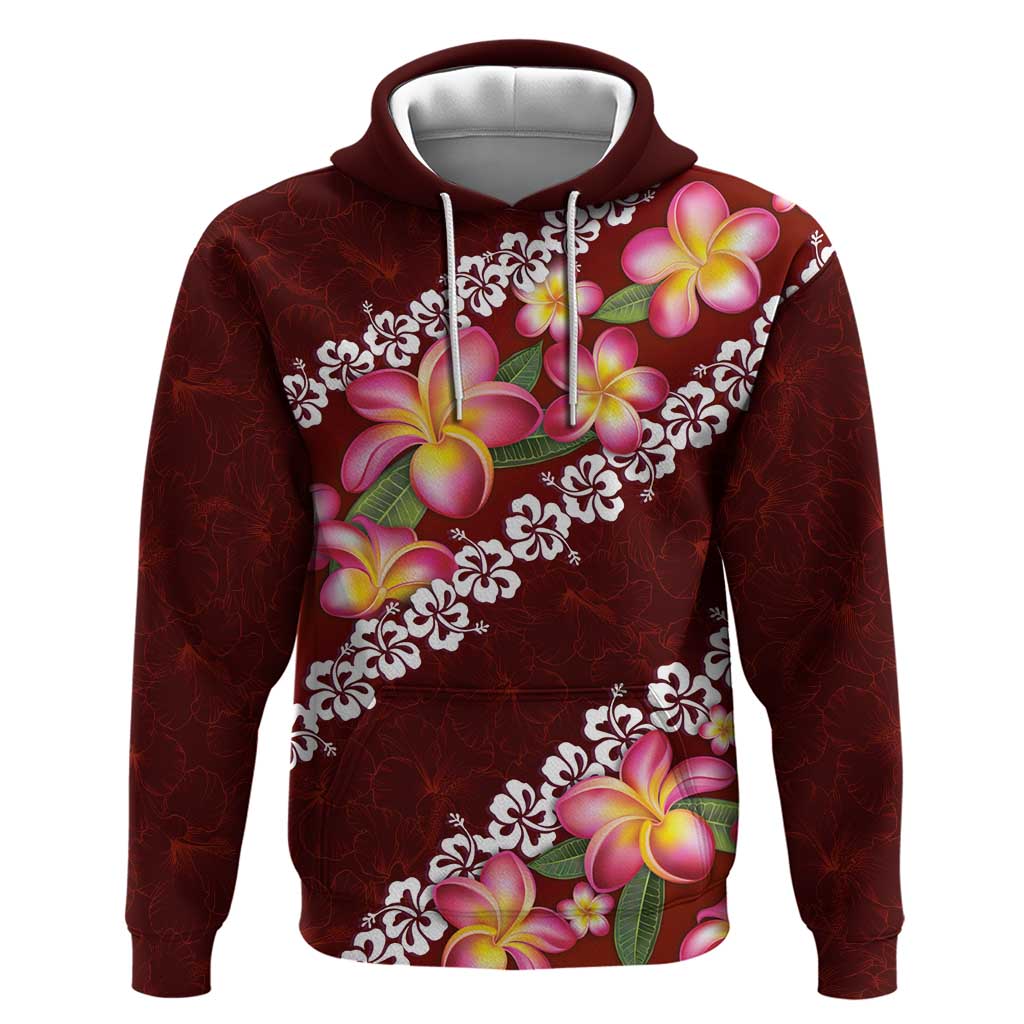 Oxblood Polynesia Hoodie Plumeria With Hibiscus Pattern Tropical Vibes LT14 Pullover Hoodie Oxblood - Polynesian Pride