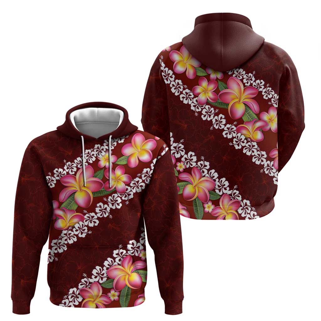 Oxblood Polynesia Hoodie Plumeria With Hibiscus Pattern Tropical Vibes LT14 - Polynesian Pride