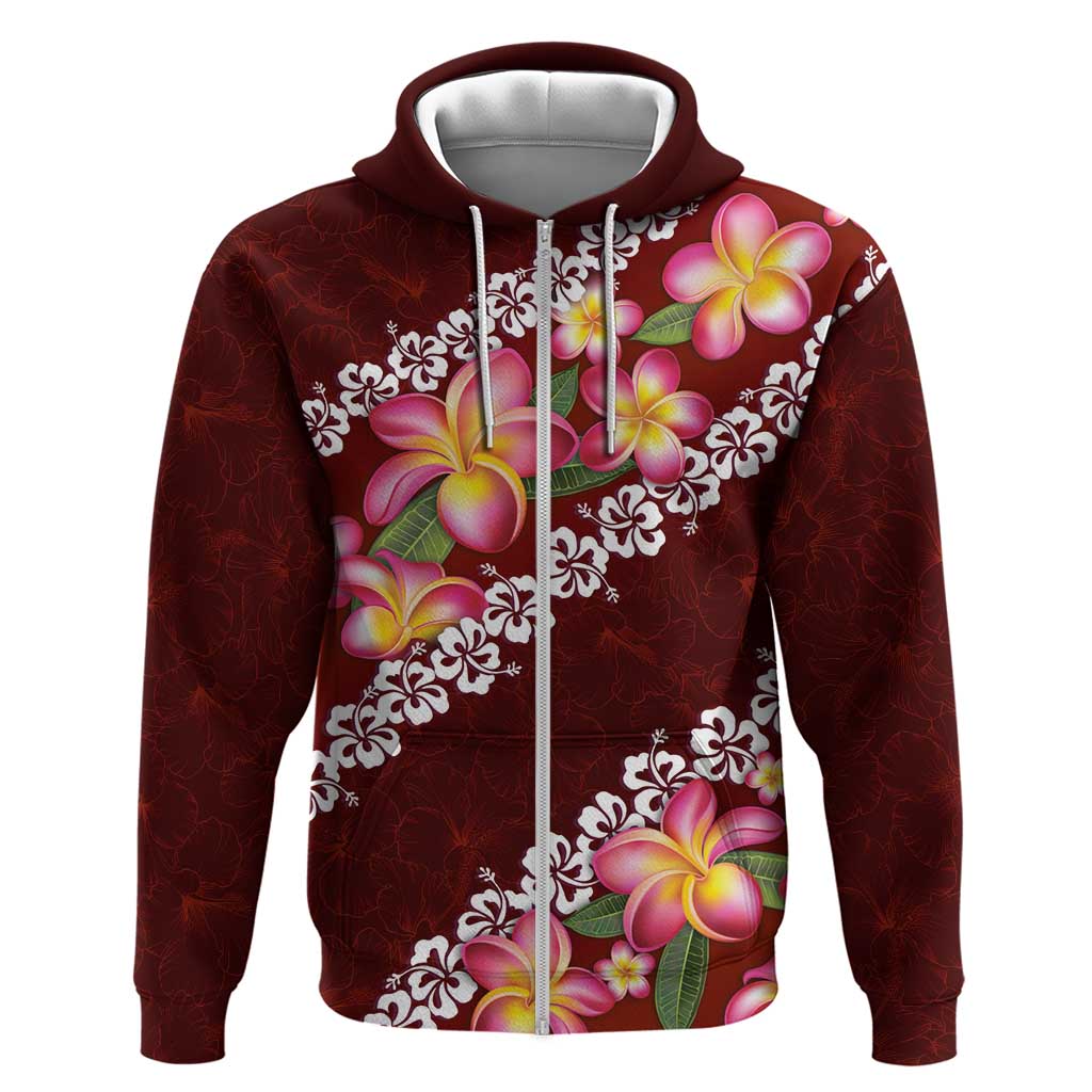 Oxblood Polynesia Hoodie Plumeria With Hibiscus Pattern Tropical Vibes LT14 Zip Hoodie Oxblood - Polynesian Pride