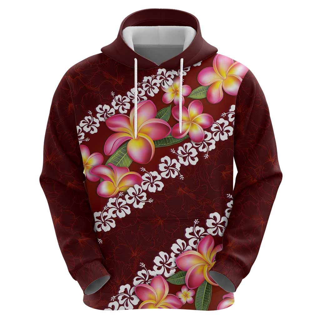 Oxblood Polynesia Hoodie Plumeria With Hibiscus Pattern Tropical Vibes LT14 - Polynesian Pride
