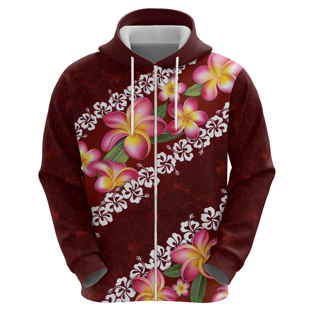 Oxblood Polynesia Hoodie Plumeria With Hibiscus Pattern Tropical Vibes LT14 - Polynesian Pride