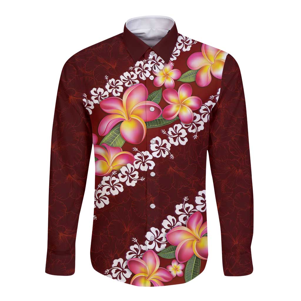 Oxblood Polynesia Long Sleeve Button Shirt Plumeria With Hibiscus Pattern Tropical Vibes LT14 Unisex Oxblood - Polynesian Pride