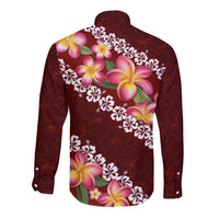 Oxblood Polynesia Long Sleeve Button Shirt Plumeria With Hibiscus Pattern Tropical Vibes LT14 - Polynesian Pride