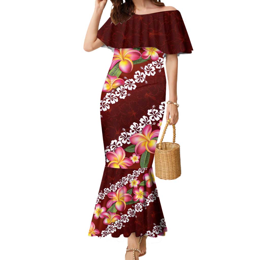 Oxblood Polynesia Mermaid Dress Plumeria With Hibiscus Pattern Tropical Vibes LT14 Women Oxblood - Polynesian Pride