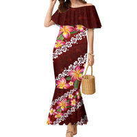 Oxblood Polynesia Mermaid Dress Plumeria With Hibiscus Pattern Tropical Vibes LT14 Women Oxblood - Polynesian Pride