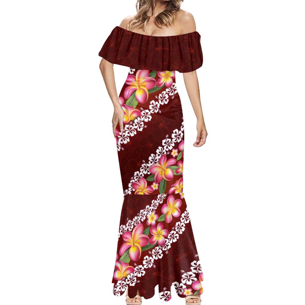 Oxblood Polynesia Mermaid Dress Plumeria With Hibiscus Pattern Tropical Vibes LT14 - Polynesian Pride