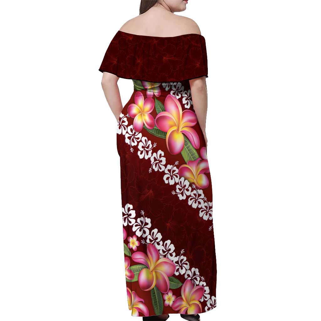 Oxblood Polynesia Off Shoulder Maxi Dress Plumeria With Hibiscus Pattern Tropical Vibes