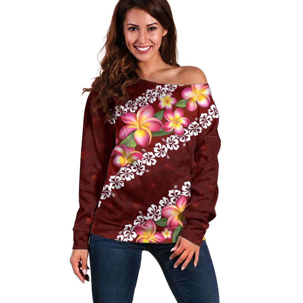 Oxblood Polynesia Off Shoulder Sweater Plumeria With Hibiscus Pattern Tropical Vibes LT14 Women Oxblood - Polynesian Pride