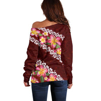 Oxblood Polynesia Off Shoulder Sweater Plumeria With Hibiscus Pattern Tropical Vibes LT14 - Polynesian Pride