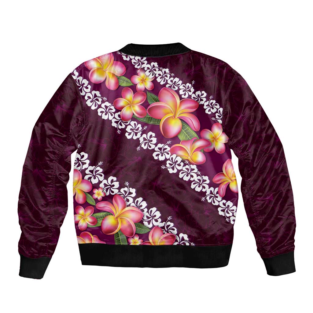 Pink Polynesia Bomber Jacket Plumeria With Hibiscus Pattern Tropical Vibes LT14 - Polynesian Pride