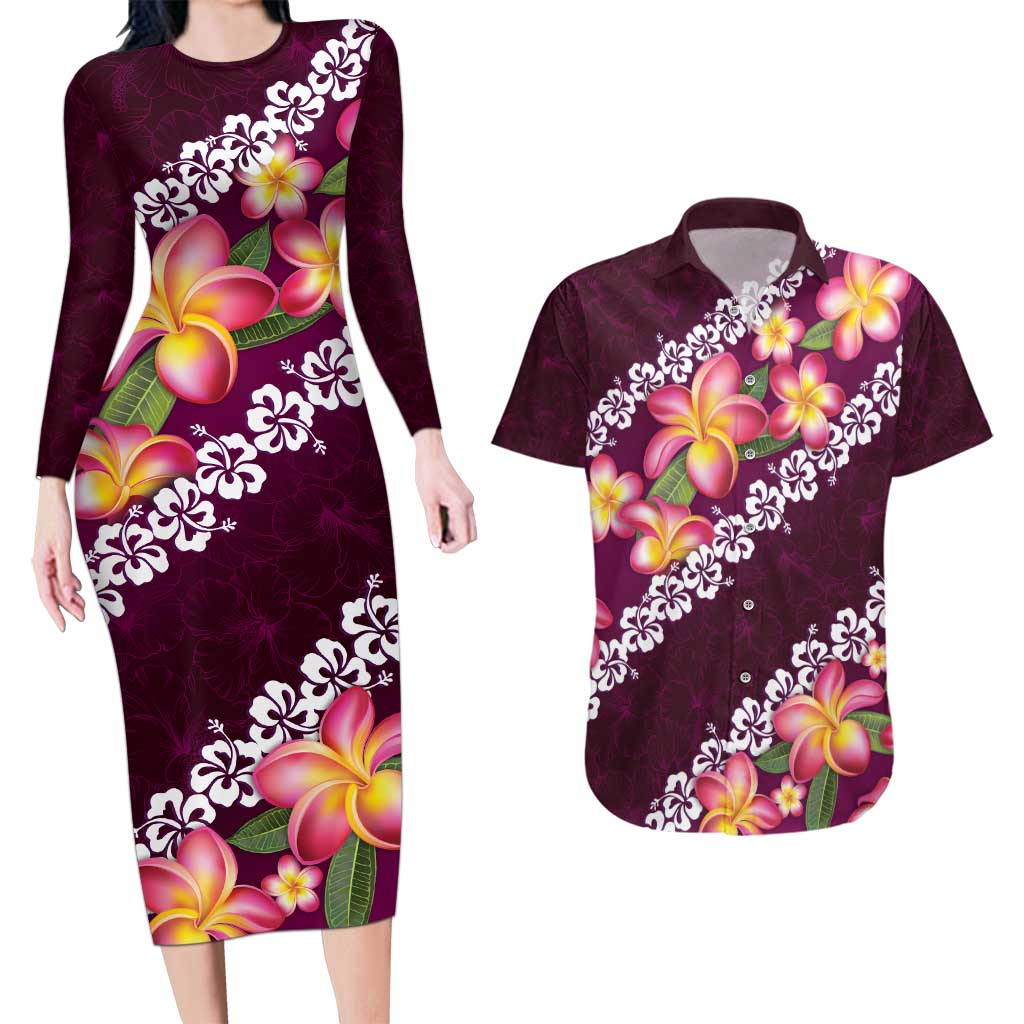 Pink Polynesia Couples Matching Long Sleeve Bodycon Dress and Hawaiian Shirt Plumeria With Hibiscus Pattern Tropical Vibes LT14 Pink - Polynesian Pride