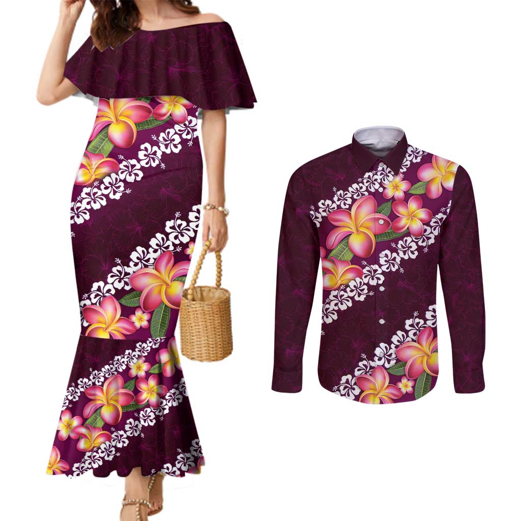 Pink Polynesia Couples Matching Mermaid Dress and Long Sleeve Button Shirt Plumeria With Hibiscus Pattern Tropical Vibes