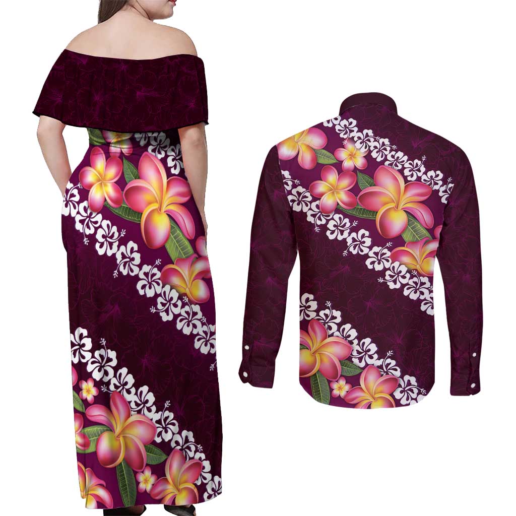 Pink Polynesia Couples Matching Off Shoulder Maxi Dress and Long Sleeve Button Shirt Plumeria With Hibiscus Pattern Tropical Vibes