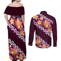 Pink Polynesia Couples Matching Off Shoulder Maxi Dress and Long Sleeve Button Shirt Plumeria With Hibiscus Pattern Tropical Vibes