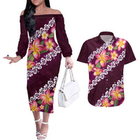 Pink Polynesia Couples Matching Off The Shoulder Long Sleeve Dress and Hawaiian Shirt Plumeria With Hibiscus Pattern Tropical Vibes LT14 Pink - Polynesian Pride