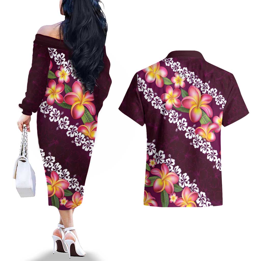 Pink Polynesia Couples Matching Off The Shoulder Long Sleeve Dress and Hawaiian Shirt Plumeria With Hibiscus Pattern Tropical Vibes LT14 - Polynesian Pride