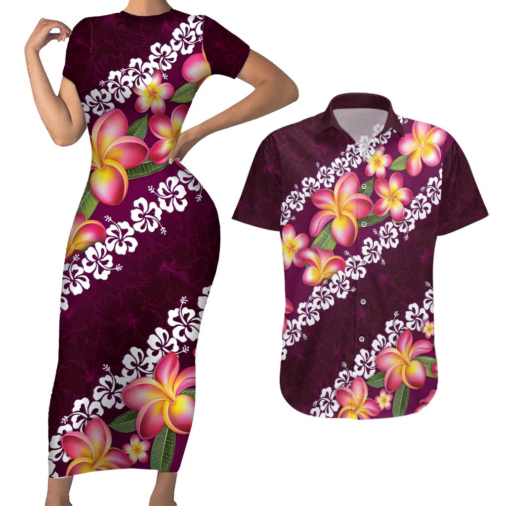 Pink Polynesia Couples Matching Short Sleeve Bodycon Dress and Hawaiian Shirt Plumeria With Hibiscus Pattern Tropical Vibes LT14 Pink - Polynesian Pride