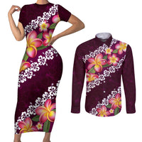 Pink Polynesia Couples Matching Short Sleeve Bodycon Dress and Long Sleeve Button Shirt Plumeria With Hibiscus Pattern Tropical Vibes