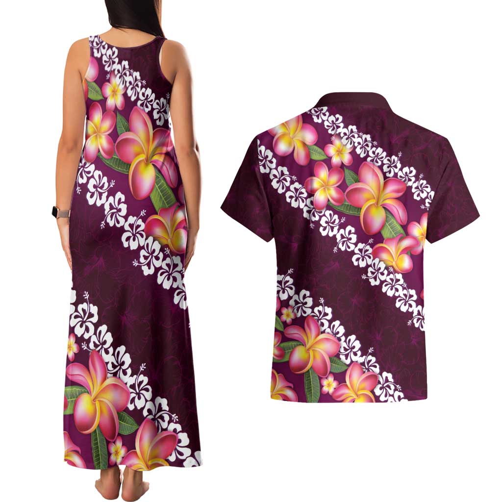 Pink Polynesia Couples Matching Tank Maxi Dress and Hawaiian Shirt Plumeria With Hibiscus Pattern Tropical Vibes