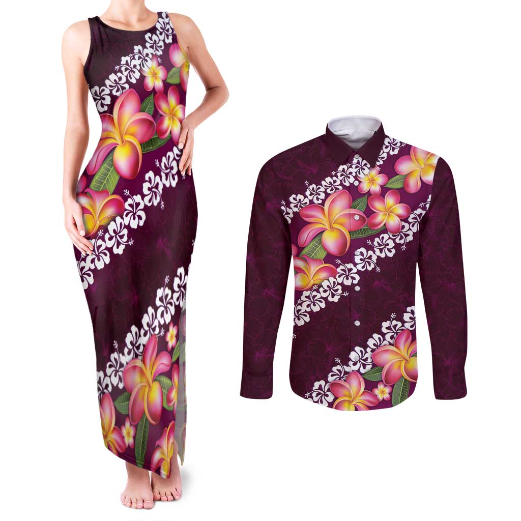 Pink Polynesia Couples Matching Tank Maxi Dress and Long Sleeve Button Shirt Plumeria With Hibiscus Pattern Tropical Vibes